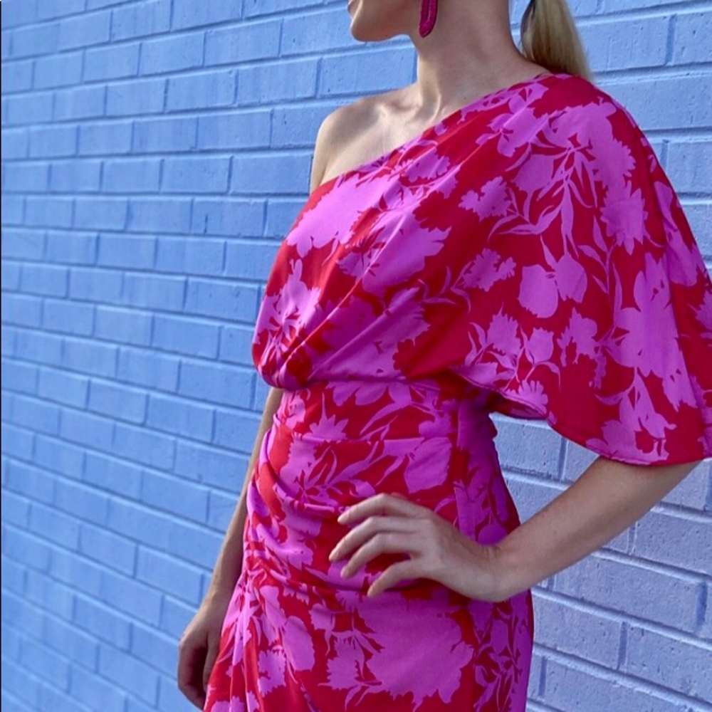 Pink and Red One-Shoulder Dress